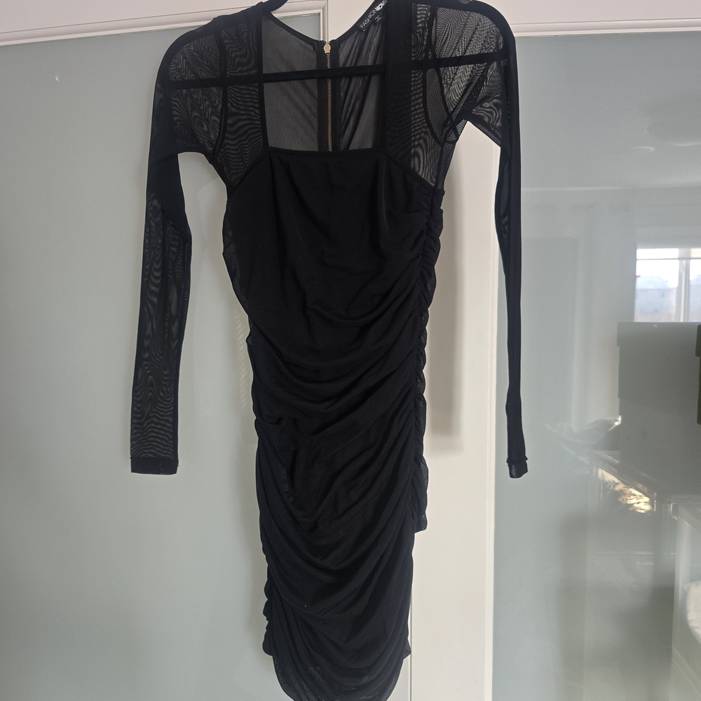 Fashion Nova Black Mesh Long Sleeve Ruched Bodycon Dress